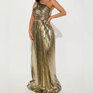 Pleated Metallic Maxi Dress - Gold